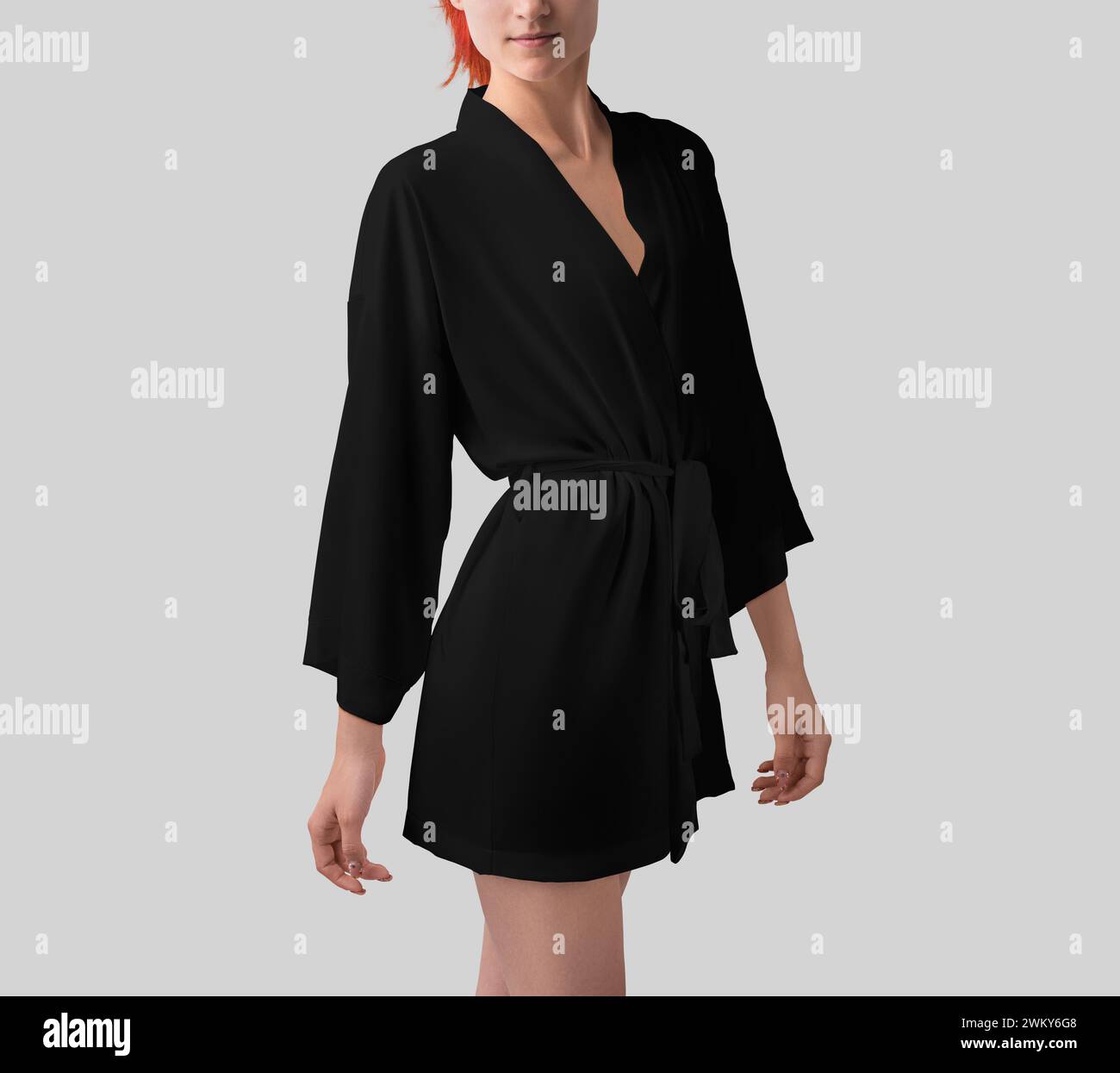 Mockup of black silk robe on athletic redhead girl, side view, kimono ...