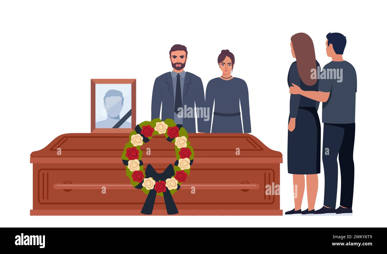 Funeral ceremony. People in grief. Family characters standing near