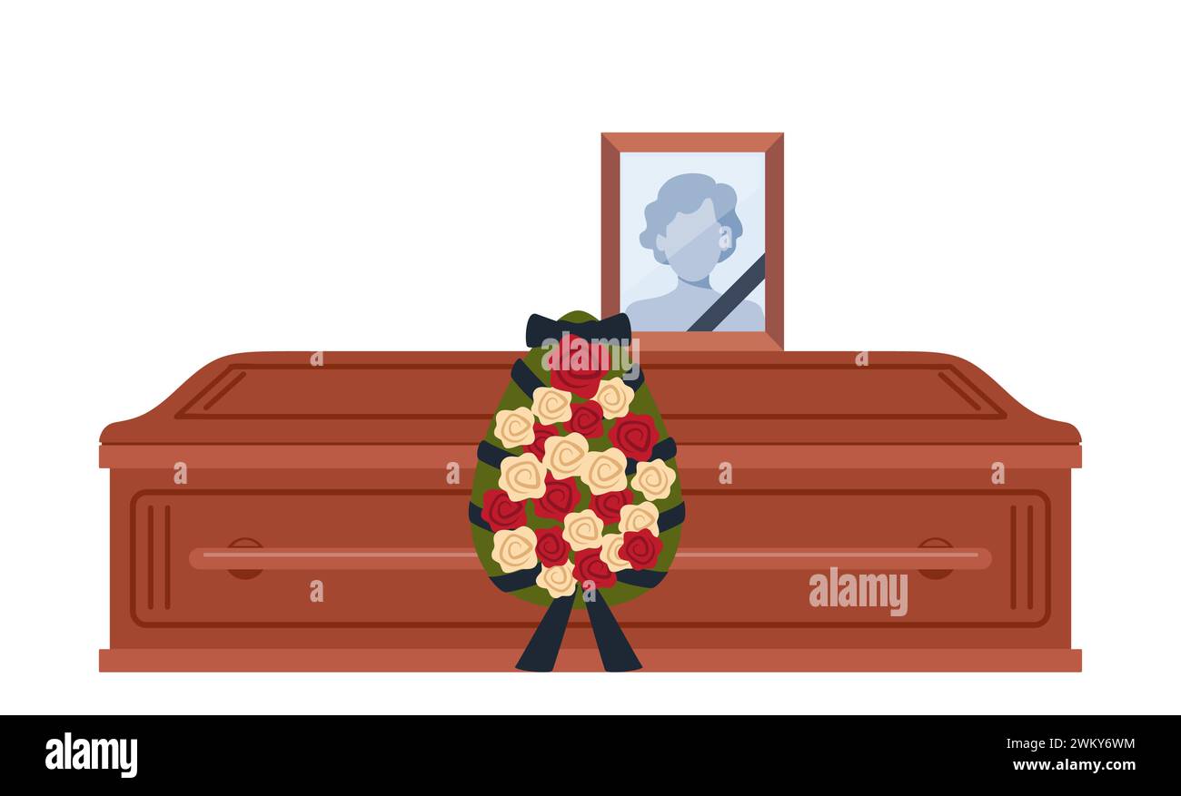 Dead young woman coffin and photo. Funeral ceremony. Ritual service. Female picture and flowers wreath on coffin. Vector illustration Stock Vector