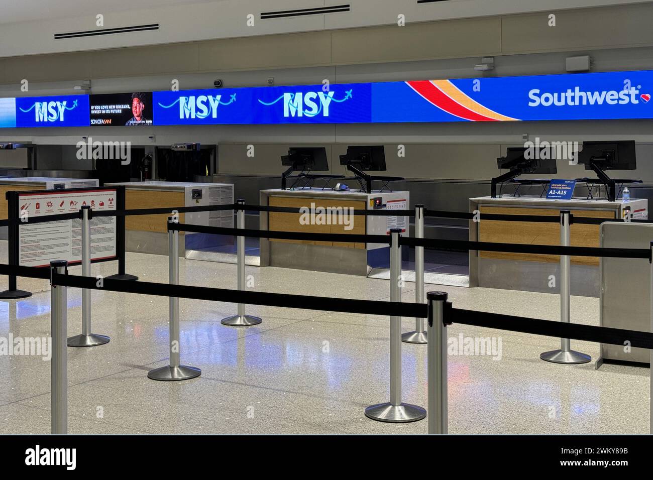 An empty Southwest Airlines ticker counter at the Louis Armstrong New Orleans International Airport (MSY), Thursday, Feb. 22, 2024, in Kenner, LA. Stock Photo