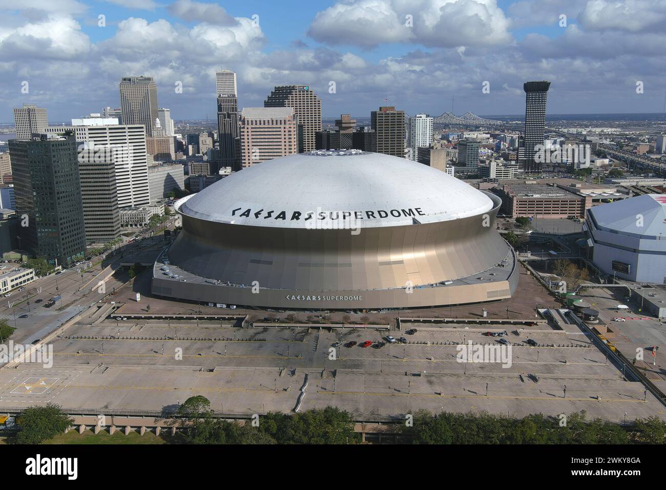 A general overall aerial view of the Caesars Superdome, Thursday, Feb. 22, 2024, in New Orleans. Stock Photo