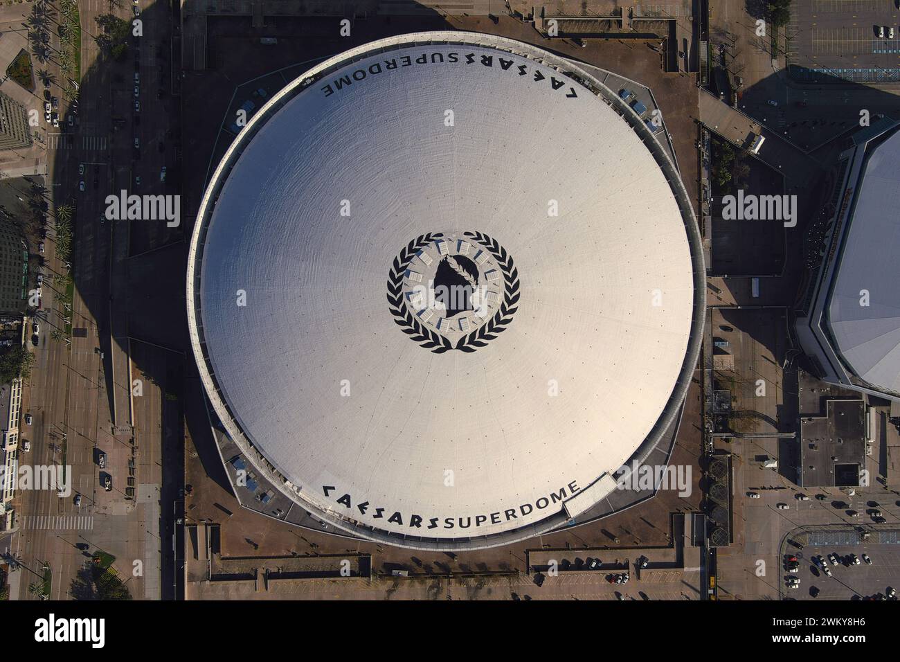 A general overall aerial view of the Caesars Superdome, Thursday, Feb. 22, 2024, in New Orleans. Stock Photo