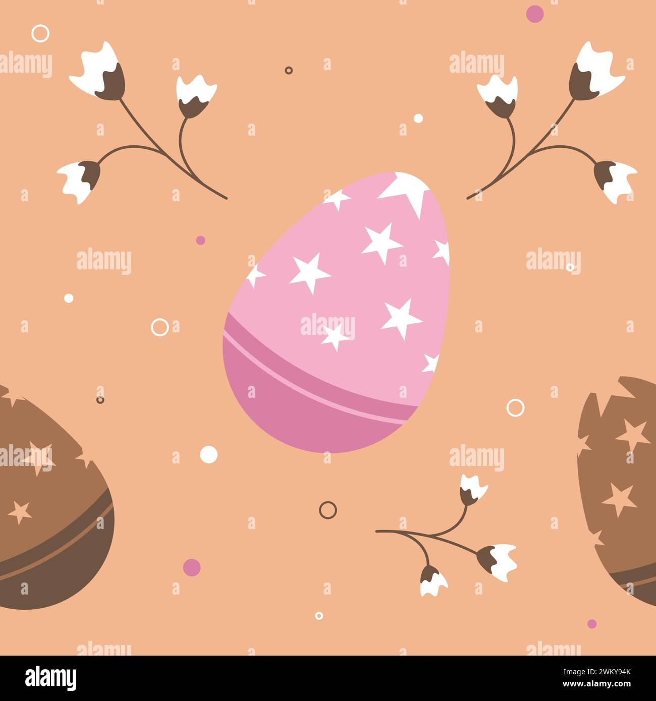 Easter seamless pattern with eggs and flowers on a beige background. Stock Vector
