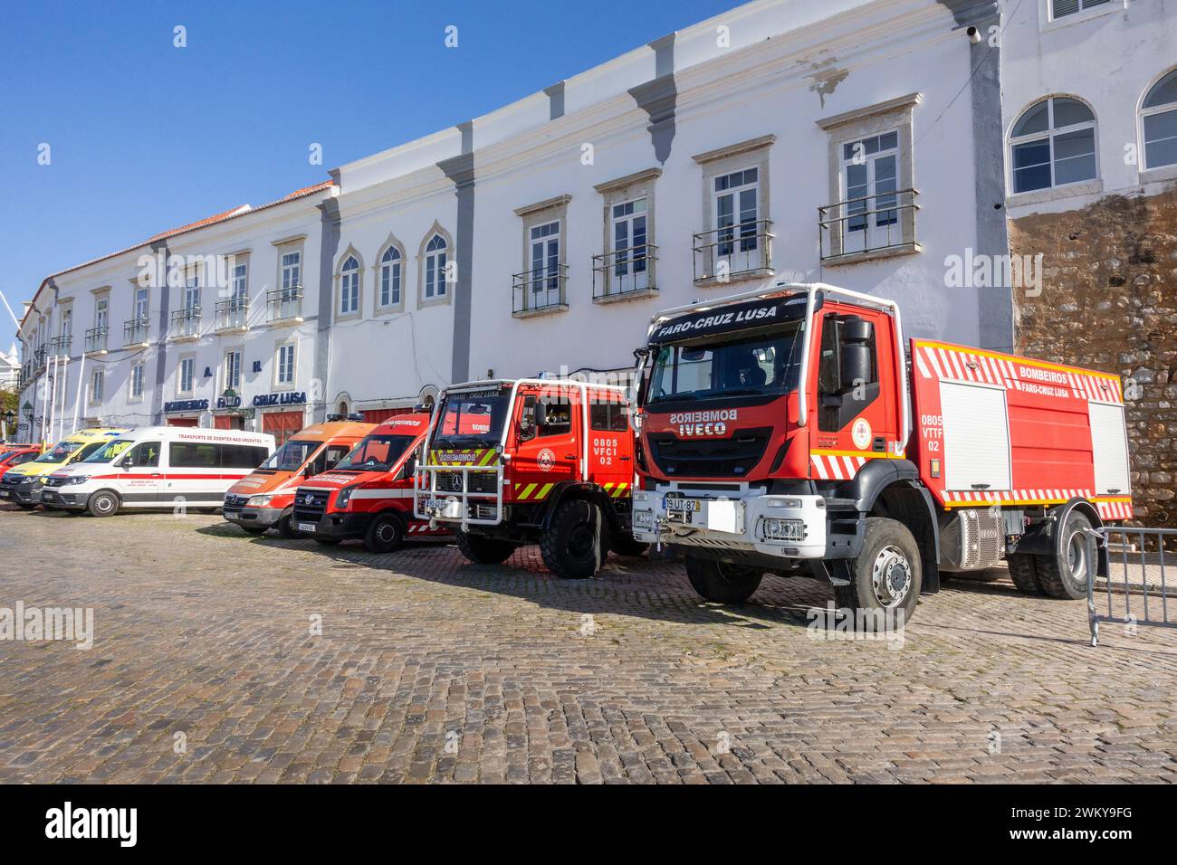 Faro Bombeiros Fire Trucks And Emergency Vehicles Parked Outside The Faro Fire Station Portugal, February 16, 2024 Portuguese Fire Engines Stock Photo