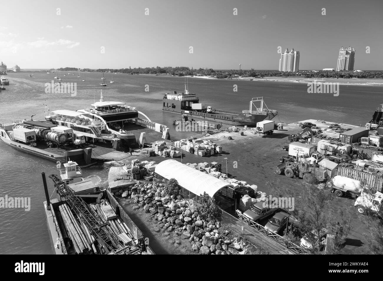 Nassau, Bahamas - March 09, 2016: cargo ship transport and containers