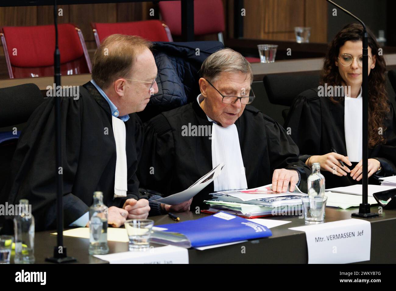 Brugge, Belgium. 23rd Feb, 2024. Lawyer Jan Leysen, Lawyer Jef Vermassen and Lawyer Julie De Geest pictured during the start of a assizes trial of R. Oudaha before the Assizes Court of West-Flanders, in Brugge, Friday 23 February 2024. 43-year-old Oudaha is accused of killing his partner Jill Himpe (36) in Aalbeke on 05 November 2019, the victim's throat was slit. BELGA PHOTO KURT DESPLENTER Credit: Belga News Agency/Alamy Live News Stock Photo