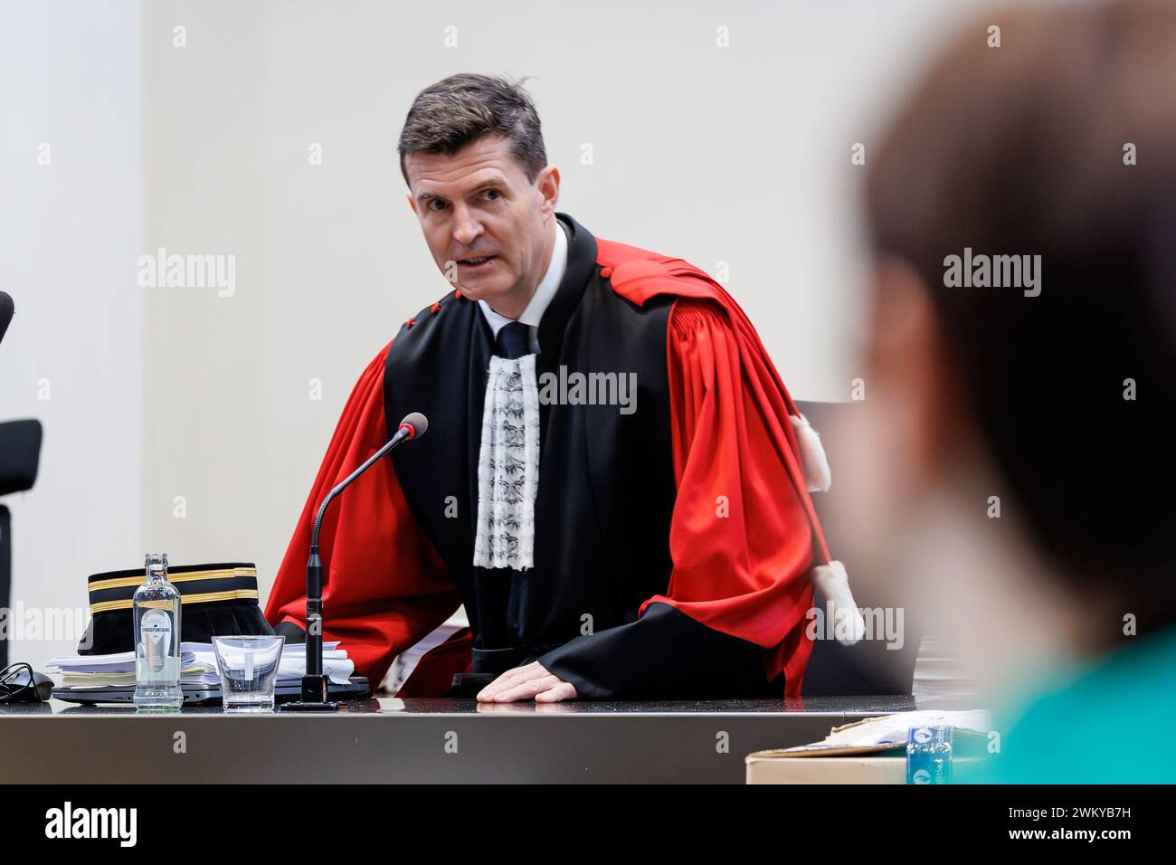 Brugge, Belgium. 23rd Feb, 2024. Chairman of the court Bart Meganck pictured during the start of a assizes trial of R. Oudaha before the Assizes Court of West-Flanders, in Brugge, Friday 23 February 2024. 43-year-old Oudaha is accused of killing his partner Jill Himpe (36) in Aalbeke on 05 November 2019, the victim's throat was slit. BELGA PHOTO KURT DESPLENTER Credit: Belga News Agency/Alamy Live News Stock Photo