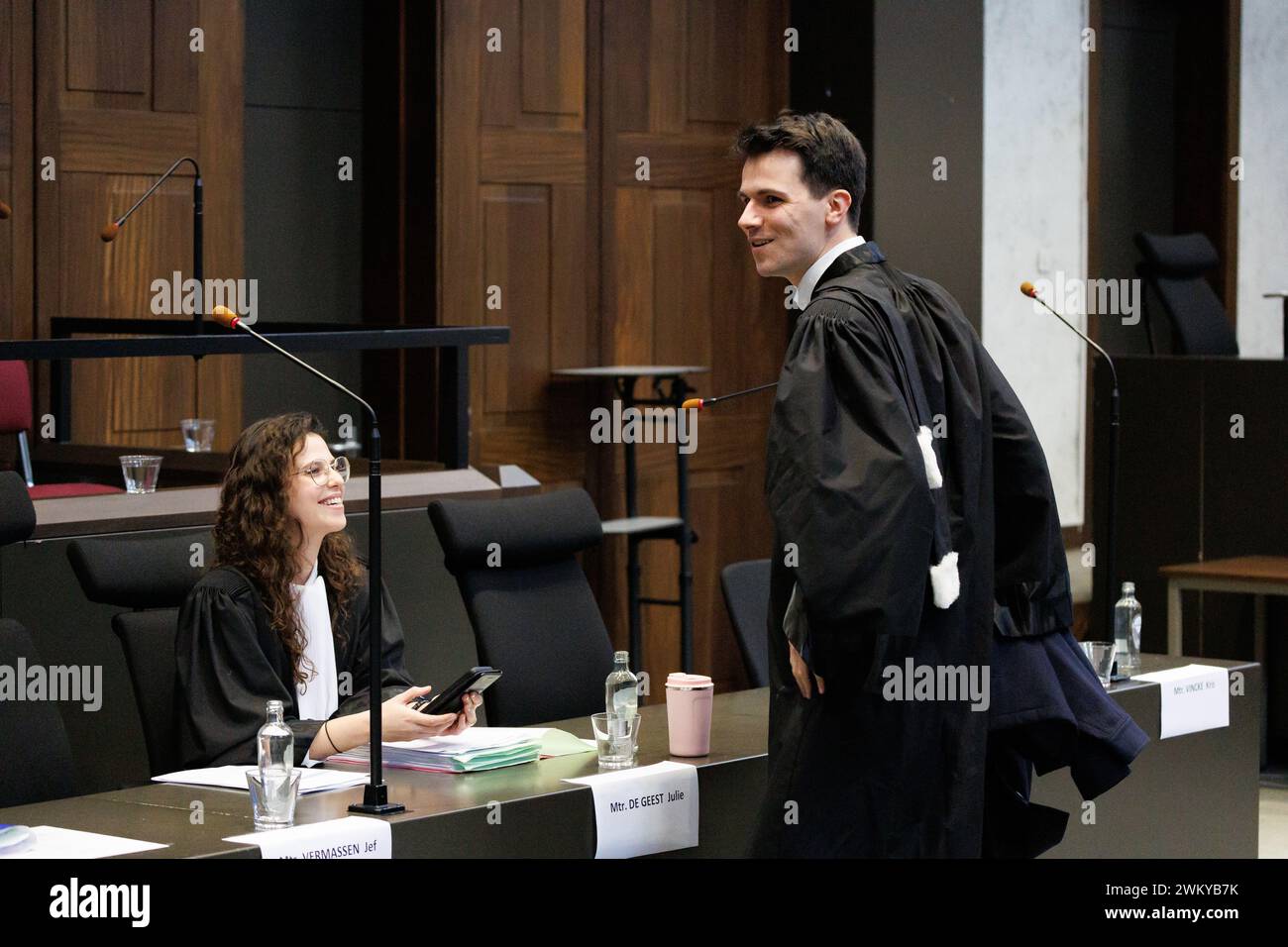 Brugge, Belgium. 23rd Feb, 2024. Lawyer Julie De Geest and Lawyer Arnaud Vansuyt pictured during the start of a assizes trial of R. Oudaha before the Assizes Court of West-Flanders, in Brugge, Friday 23 February 2024. 43-year-old Oudaha is accused of killing his partner Jill Himpe (36) in Aalbeke on 05 November 2019, the victim's throat was slit. BELGA PHOTO KURT DESPLENTER Credit: Belga News Agency/Alamy Live News Stock Photo