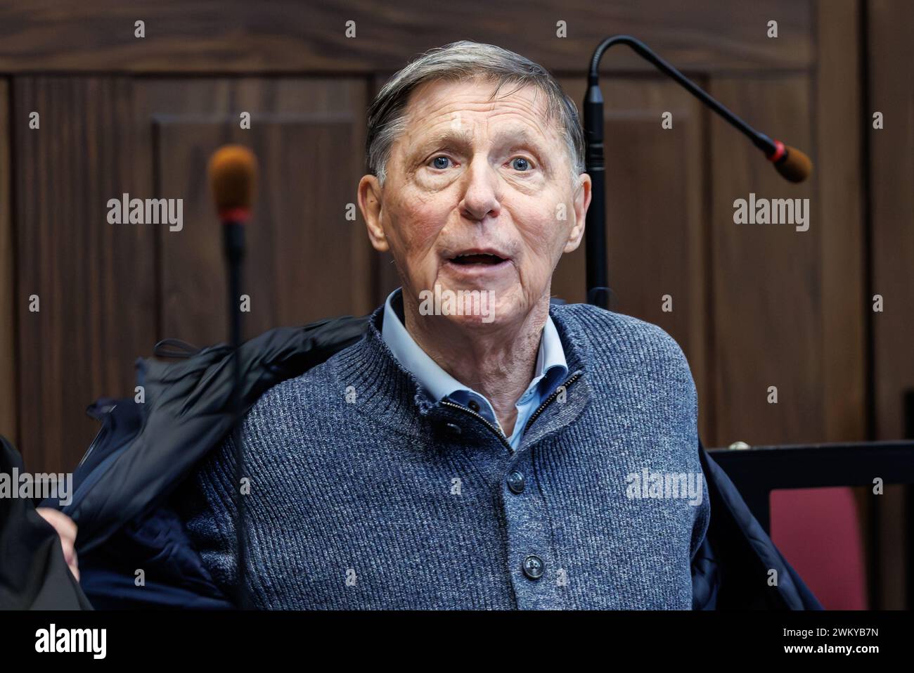 Brugge, Belgium. 23rd Feb, 2024. Lawyer Jef Vermassen pictured during the start of a assizes trial of R. Oudaha before the Assizes Court of West-Flanders, in Brugge, Friday 23 February 2024. 43-year-old Oudaha is accused of killing his partner Jill Himpe (36) in Aalbeke on 05 November 2019, the victim's throat was slit. BELGA PHOTO KURT DESPLENTER Credit: Belga News Agency/Alamy Live News Stock Photo