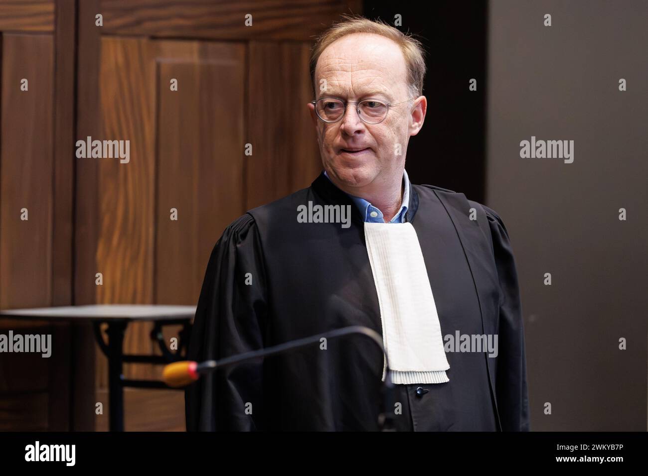 Brugge, Belgium. 23rd Feb, 2024. Lawyer Jan Leysen pictured during the start of a assizes trial of R. Oudaha before the Assizes Court of West-Flanders, in Brugge, Friday 23 February 2024. 43-year-old Oudaha is accused of killing his partner Jill Himpe (36) in Aalbeke on 05 November 2019, the victim's throat was slit. BELGA PHOTO KURT DESPLENTER Credit: Belga News Agency/Alamy Live News Stock Photo