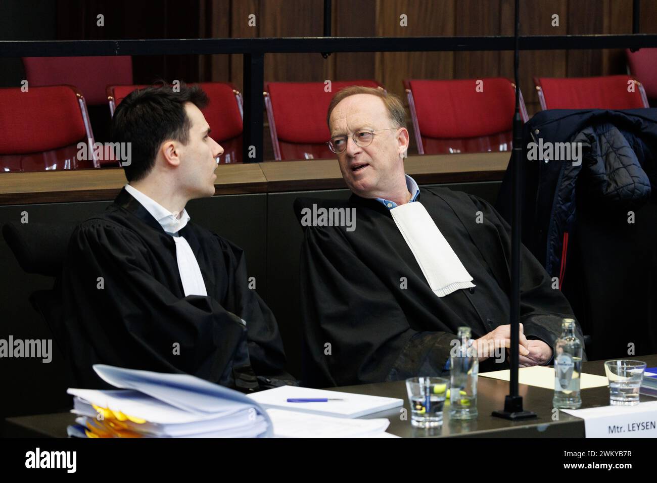 Brugge, Belgium. 23rd Feb, 2024. Lawyer Arnaud Vansuyt and Lawyer Jan Leysen pictured during the start of a assizes trial of R. Oudaha before the Assizes Court of West-Flanders, in Brugge, Friday 23 February 2024. 43-year-old Oudaha is accused of killing his partner Jill Himpe (36) in Aalbeke on 05 November 2019, the victim's throat was slit. BELGA PHOTO KURT DESPLENTER Credit: Belga News Agency/Alamy Live News Stock Photo