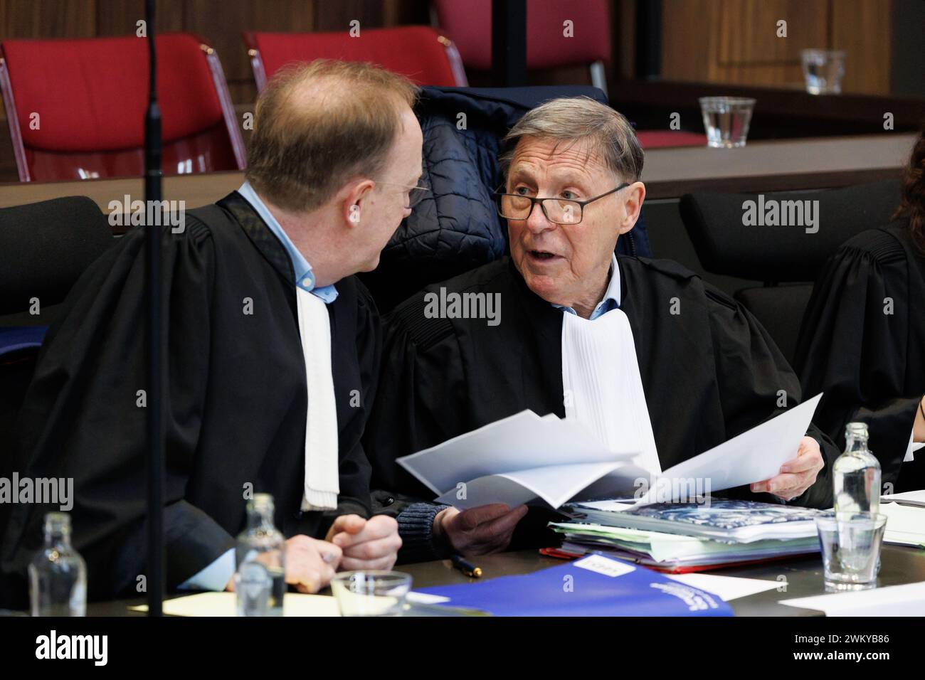 Brugge, Belgium. 23rd Feb, 2024. Lawyer Jan Leysen and Lawyer Jef Vermassen pictured during the start of a assizes trial of R. Oudaha before the Assizes Court of West-Flanders, in Brugge, Friday 23 February 2024. 43-year-old Oudaha is accused of killing his partner Jill Himpe (36) in Aalbeke on 05 November 2019, the victim's throat was slit. BELGA PHOTO KURT DESPLENTER Credit: Belga News Agency/Alamy Live News Stock Photo
