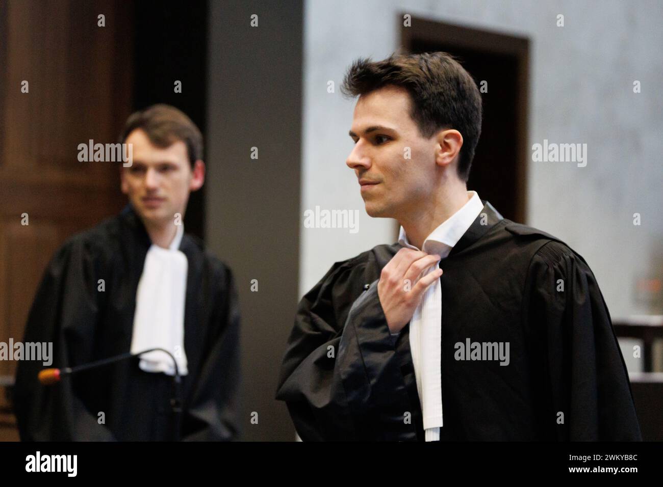 Brugge, Belgium. 23rd Feb, 2024. Lawyer Rob Onderdonck and Lawyer Arnaud Vansuyt pictured during the start of a assizes trial of R. Oudaha before the Assizes Court of West-Flanders, in Brugge, Friday 23 February 2024. 43-year-old Oudaha is accused of killing his partner Jill Himpe (36) in Aalbeke on 05 November 2019, the victim's throat was slit. BELGA PHOTO KURT DESPLENTER Credit: Belga News Agency/Alamy Live News Stock Photo