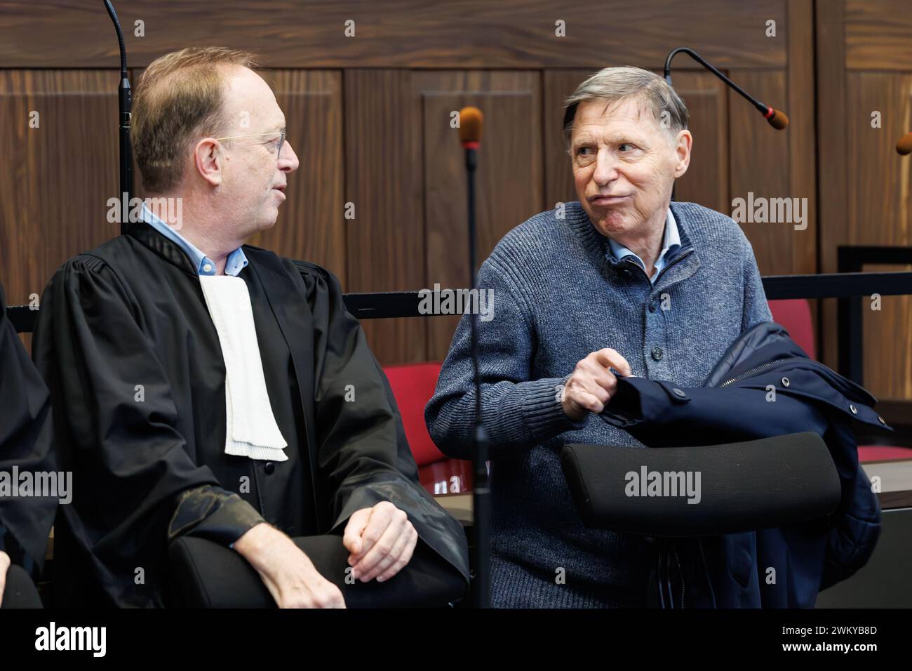 Brugge, Belgium. 23rd Feb, 2024. Lawyer Jan Leysen and Lawyer Jef Vermassen pictured during the start of a assizes trial of R. Oudaha before the Assizes Court of West-Flanders, in Brugge, Friday 23 February 2024. 43-year-old Oudaha is accused of killing his partner Jill Himpe (36) in Aalbeke on 05 November 2019, the victim's throat was slit. BELGA PHOTO KURT DESPLENTER Credit: Belga News Agency/Alamy Live News Stock Photo