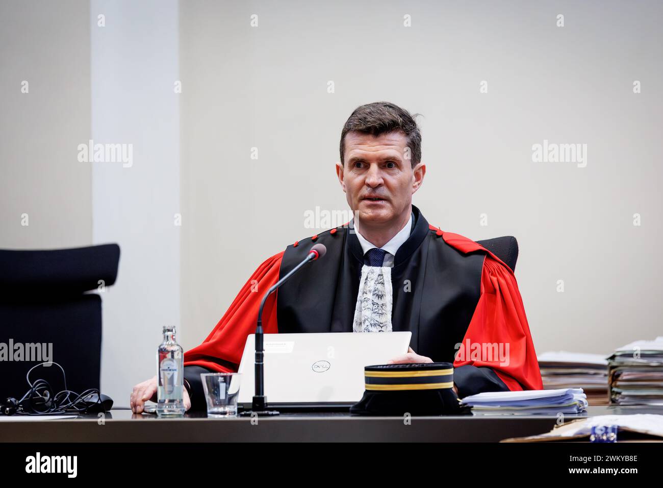 Brugge, Belgium. 23rd Feb, 2024. Chairman of the court Bart Meganck pictured during the start of a assizes trial of R. Oudaha before the Assizes Court of West-Flanders, in Brugge, Friday 23 February 2024. 43-year-old Oudaha is accused of killing his partner Jill Himpe (36) in Aalbeke on 05 November 2019, the victim's throat was slit. BELGA PHOTO KURT DESPLENTER Credit: Belga News Agency/Alamy Live News Stock Photo