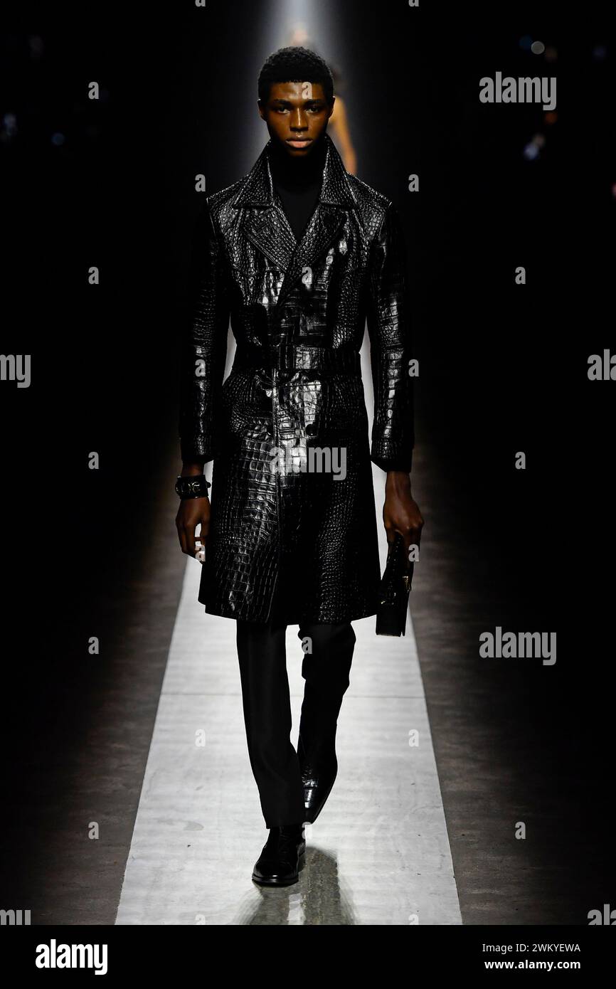 Milan, Italy. 22nd Feb, 2024. A model walks on the runway at the Tom Ford fashion show during the Fall Winter 2024 Collections Fashion Show at Milan Fashion Week in Milan on February 22 2024. (Photo by Jonas Gustavsson/Sipa USA) Credit: Sipa USA/Alamy Live News Stock Photo