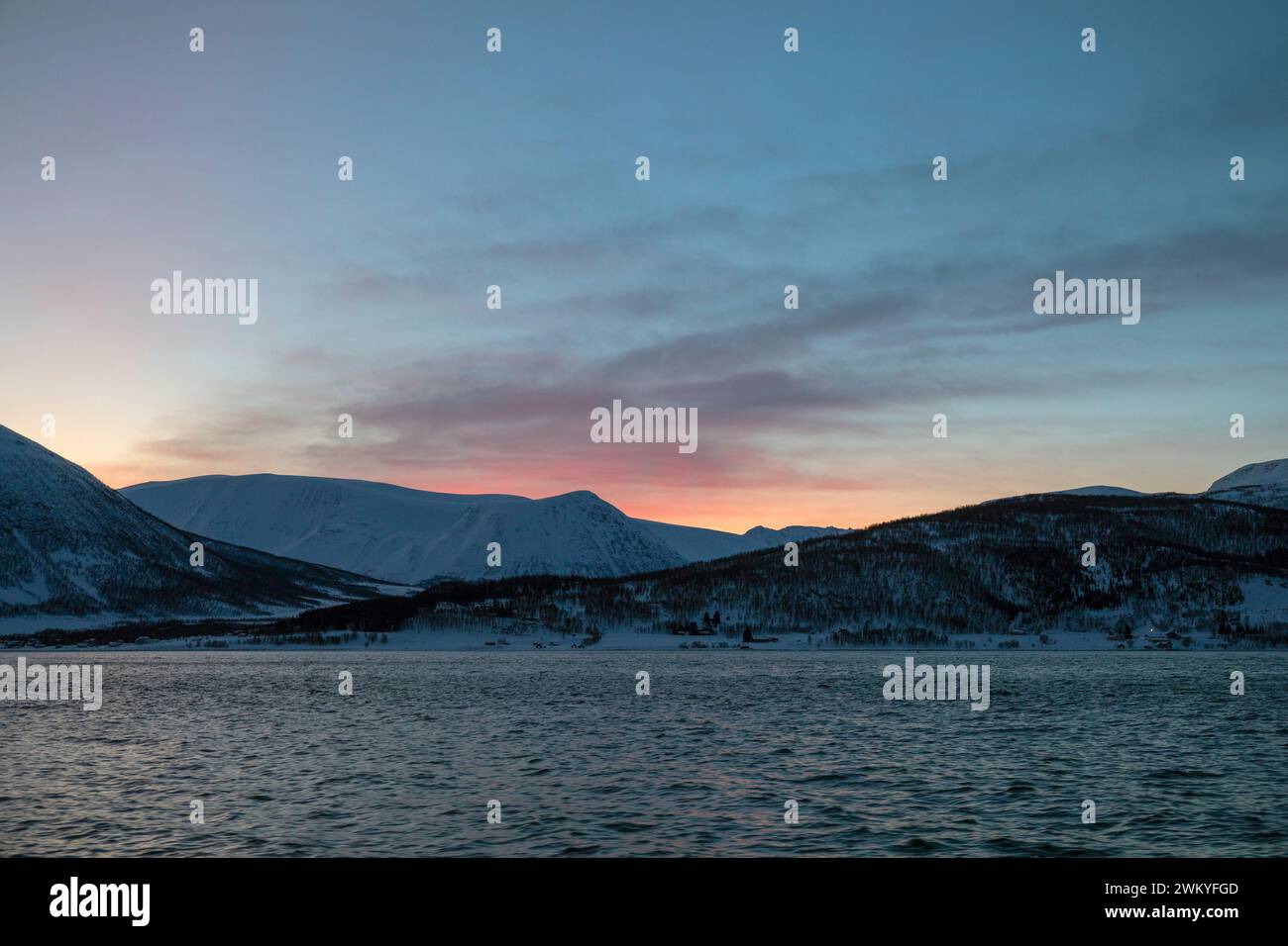 Europe, Norway, Troms County, Views across Ullsfjorden towards the Mountains by Dawn Light Stock Photo