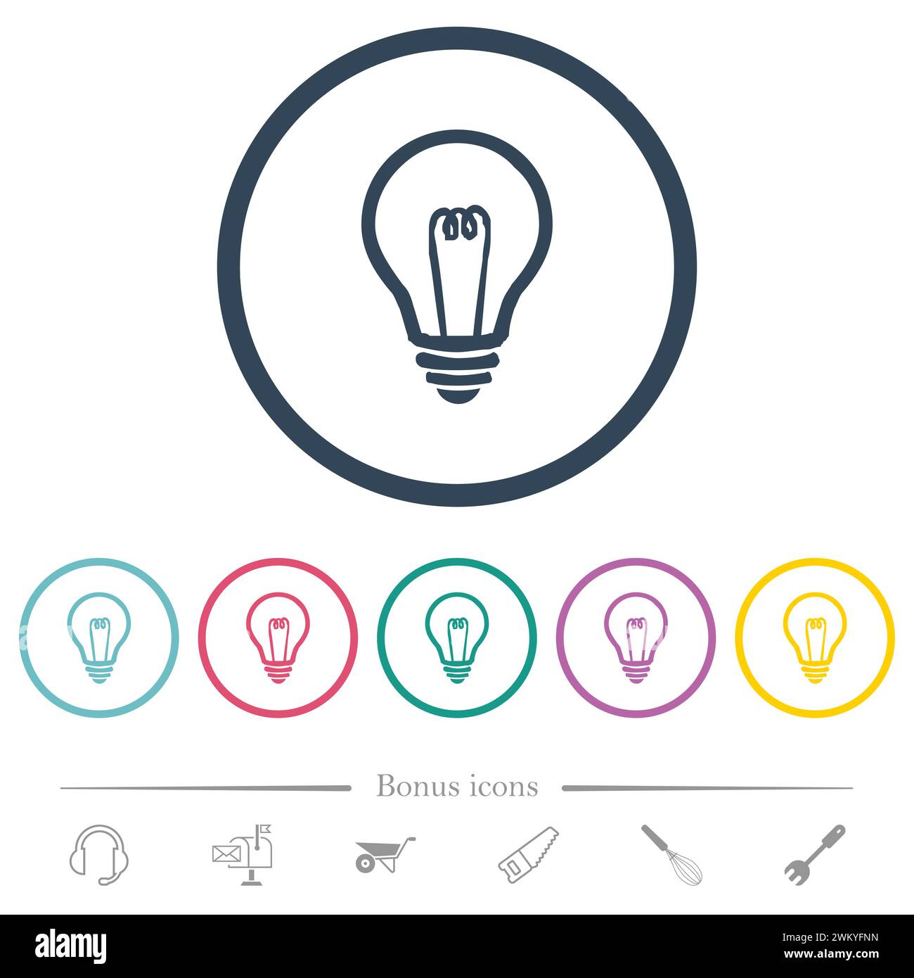 Light bulb outline flat color icons in round outlines. 6 bonus icons ...