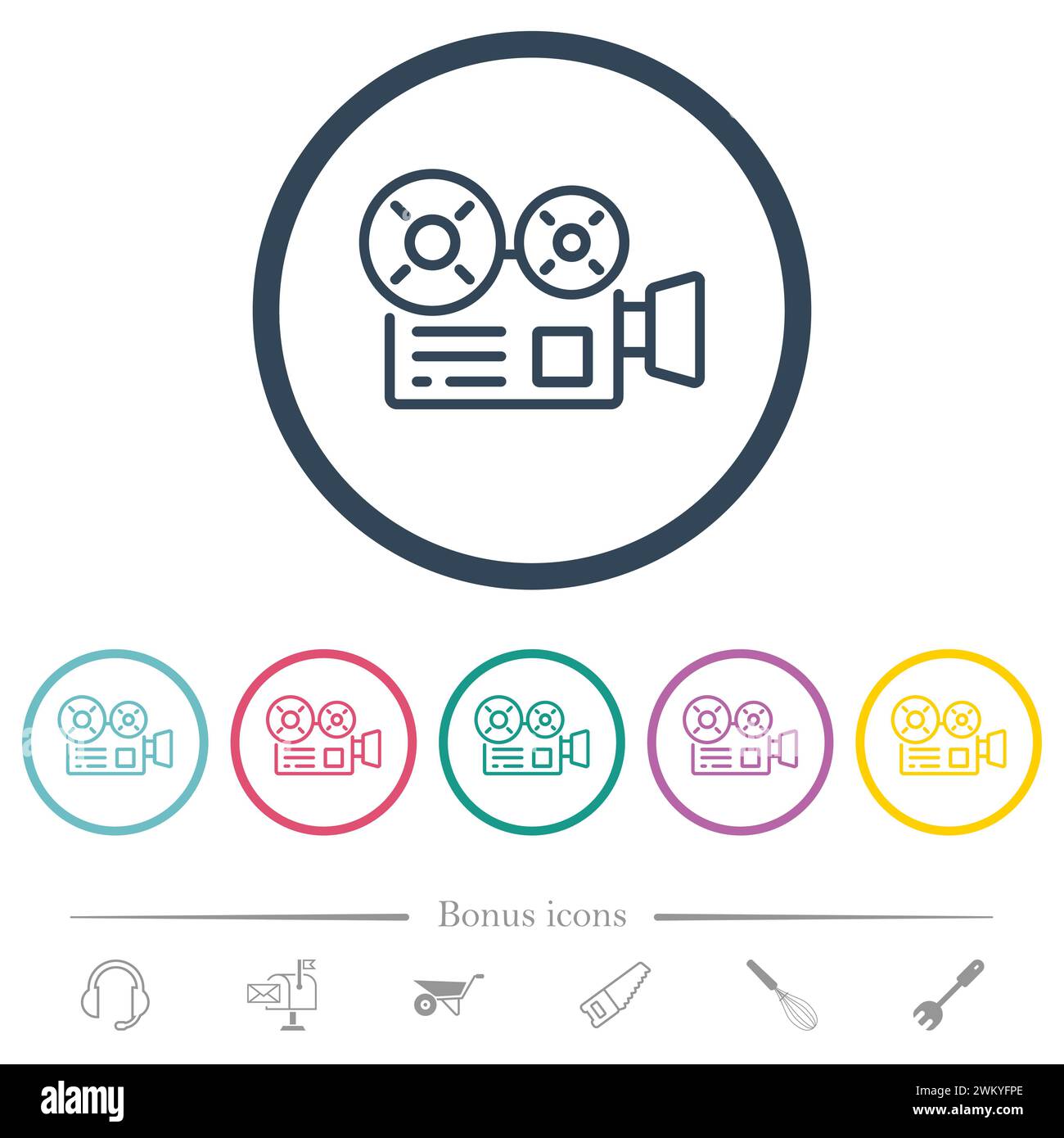 Movie camera outline flat color icons in round outlines. 6 bonus icons included. Stock Vector