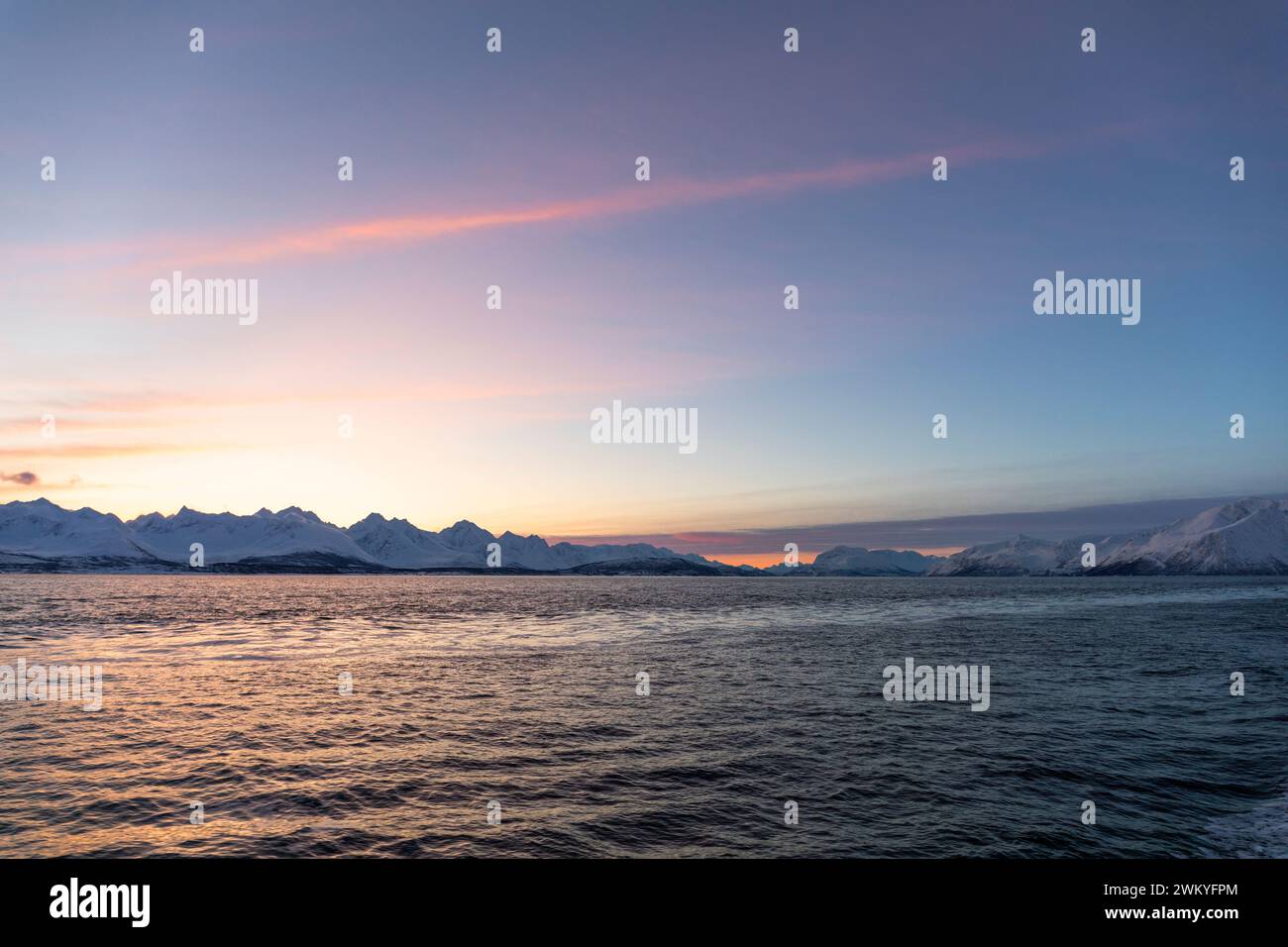 Europe, Norway, Tromso, Troms County, The Islands and Mountain Scenery around the Lyngen Peninsula Stock Photo