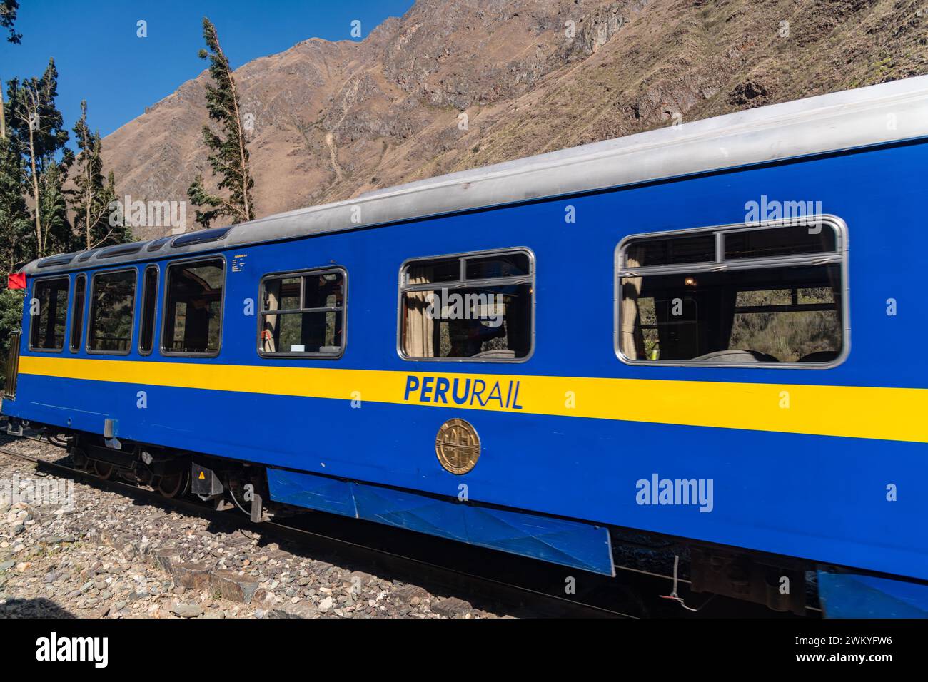 A PeruRail train carriage going from Aguas Calientes to Urubamba in the Sacred Valley in Peru Stock Photo