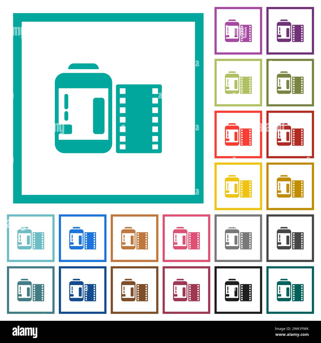 Negative camera film canister flat color icons with quadrant frames on white background Stock Vector