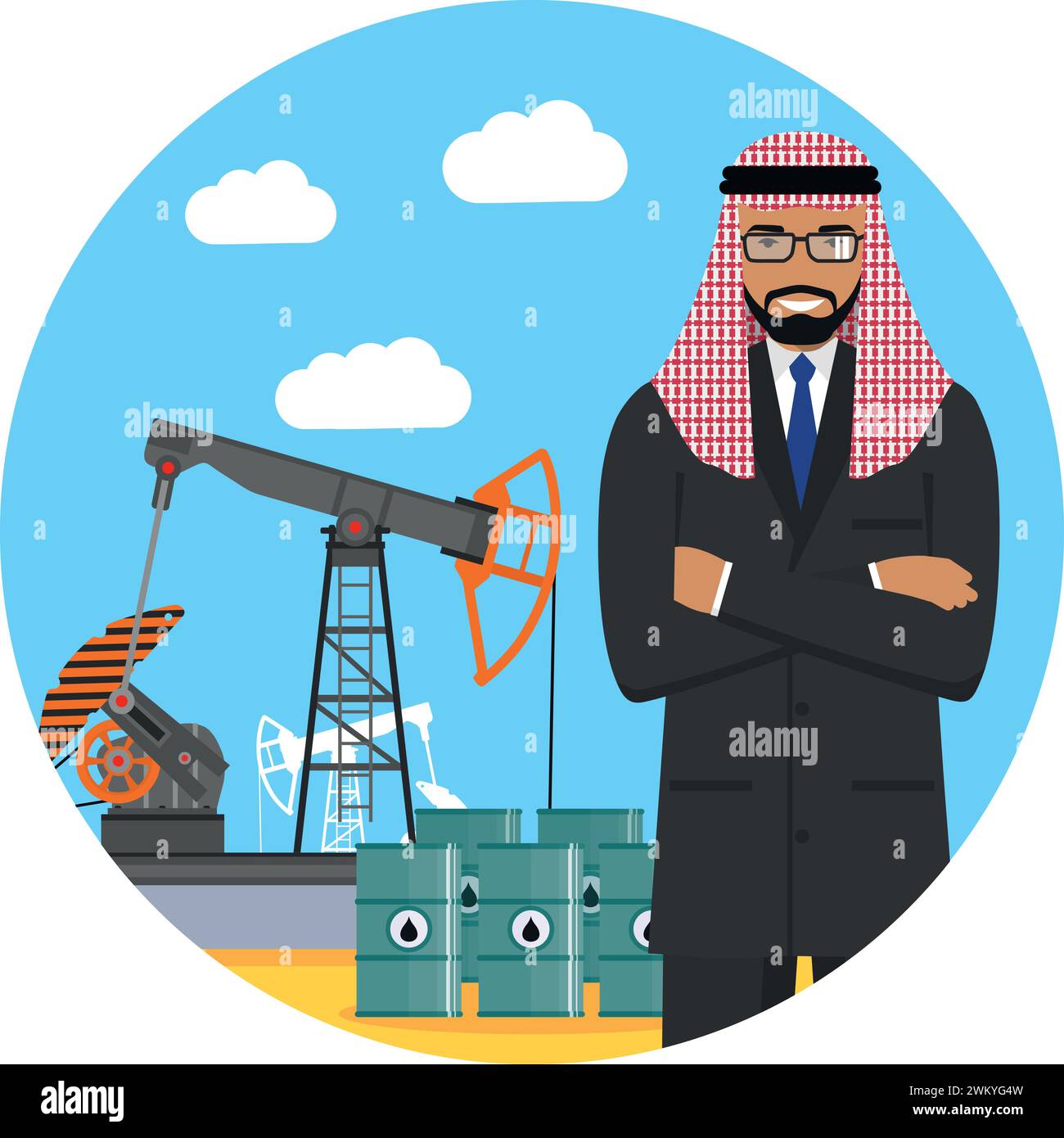 Arab Muslim Businessman with Oil pump and Barrels for Fuel. Vector Illustration Stock Vector