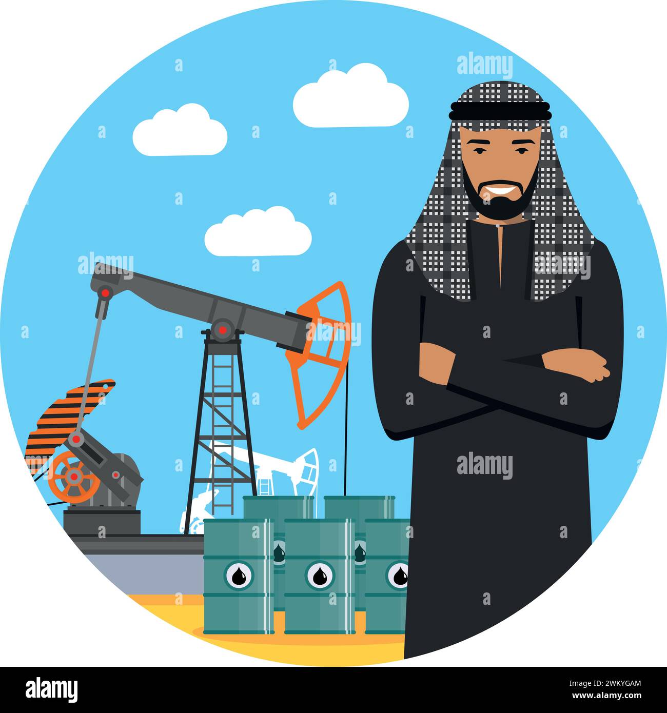 Arab Muslim Businessman with Oil pump and Barrels for Fuel. Vector Illustration Stock Vector