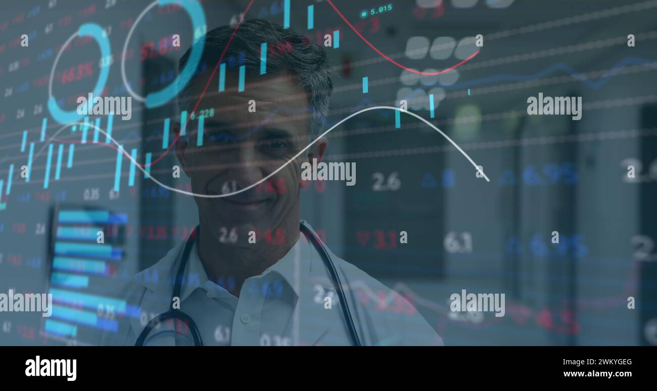 Image of data processing and statistics over male doctor with ...