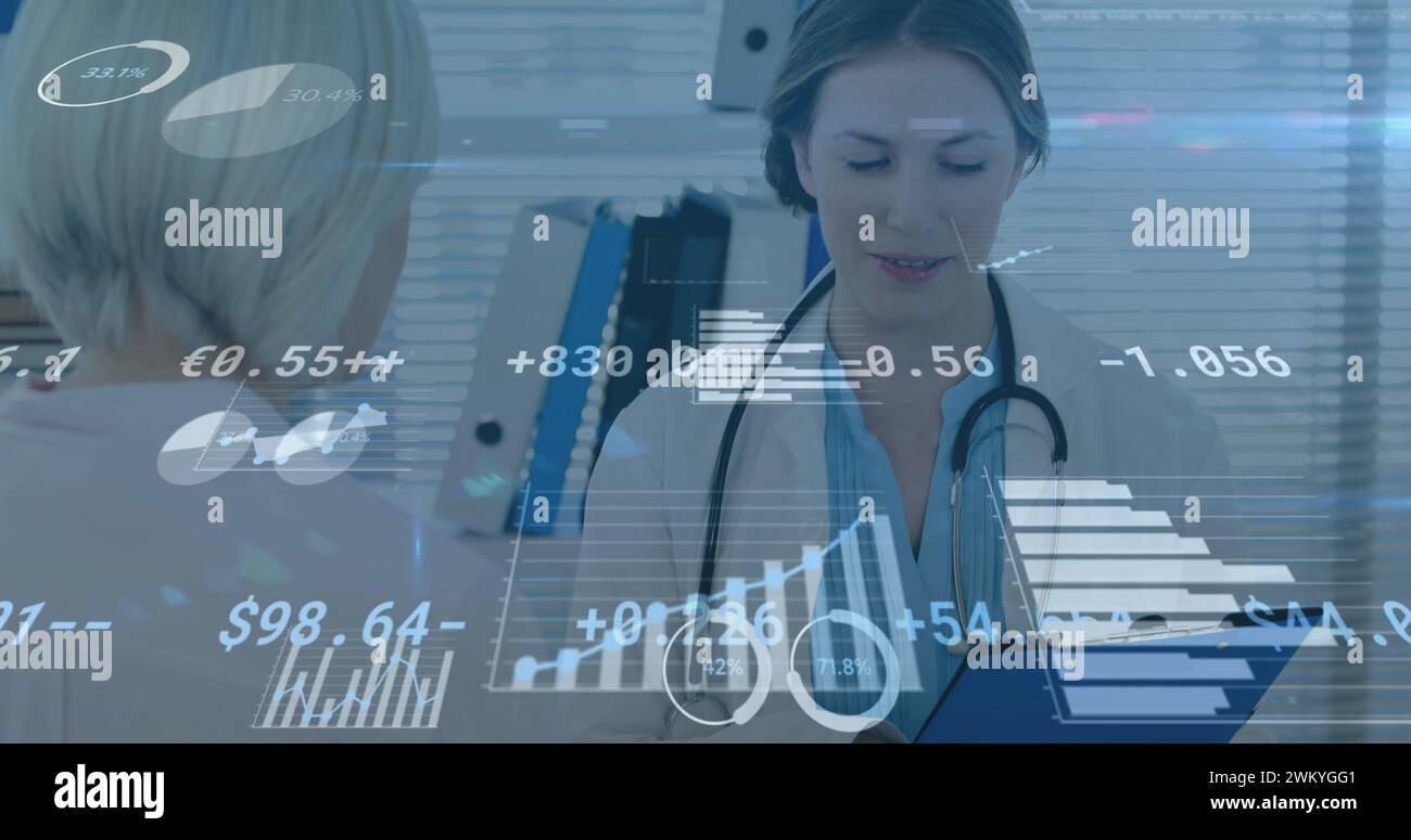 Image of data processing and statistics over female doctor and patient ...
