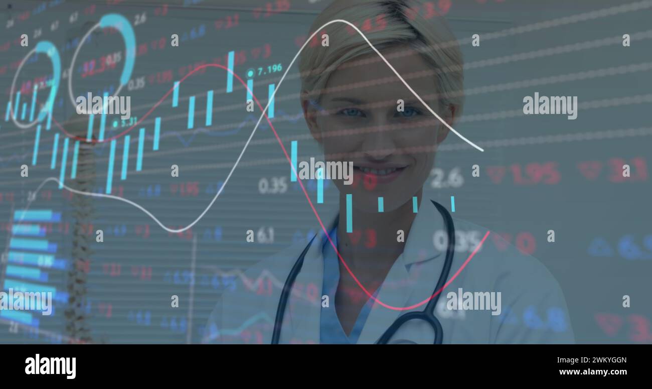 Image of data processing and statistics over female doctor with ...
