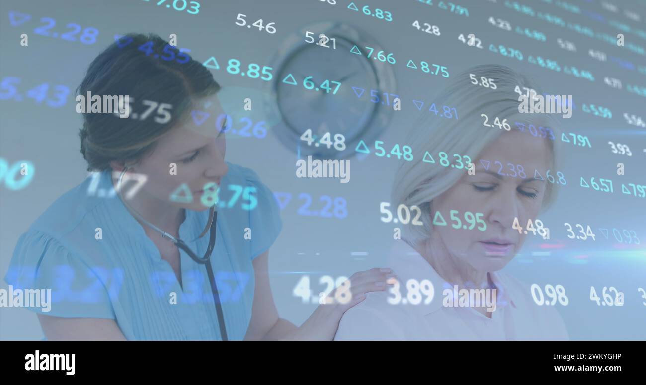 Image of data processing and statistics over female doctor and patient ...
