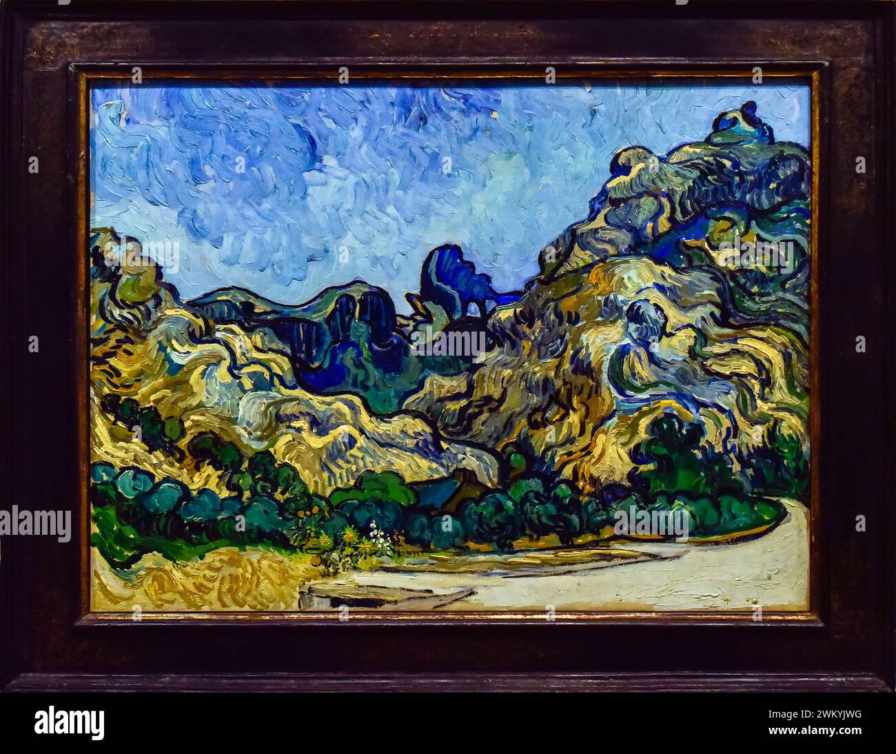 Mountains at Saint-Remy, framed artwork by Vincent van Gogh, Oil on Canvas, Solomon R. Guggenheim Museum Stock Photo