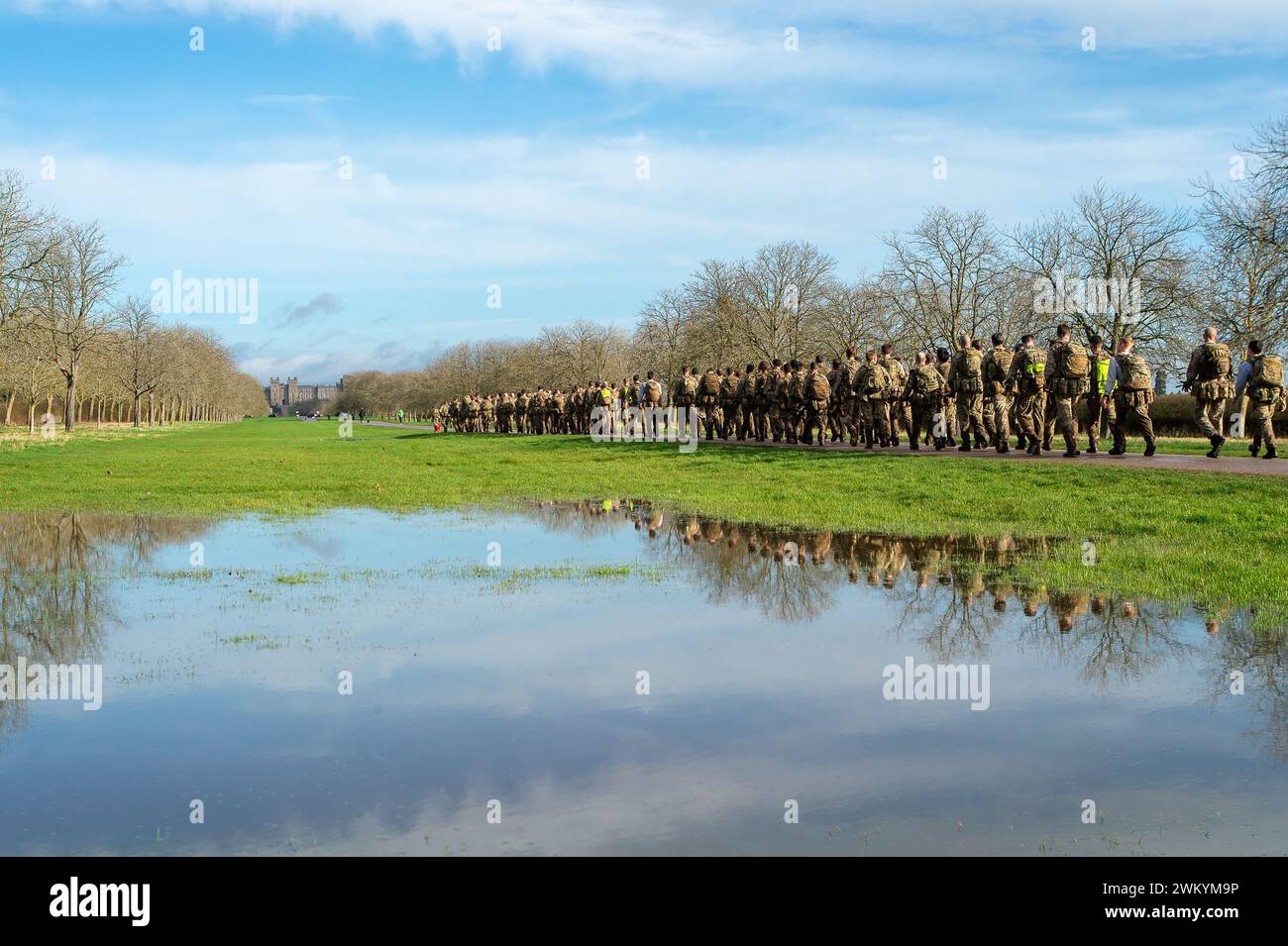 Windsor, Berkshire, UK. 23rd February, 2024. Reflections of troops out on a training exercise in Windsor Great Park. Following heavy rain in the past few days, there is flooding in parts of Windsor Great Park in Windsor, Berkshire. Credit: Maureen McLean/Alamy Live News Stock Photo