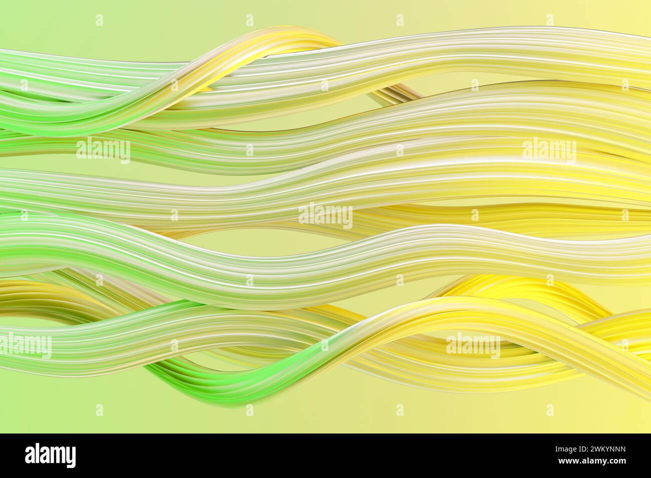 Abstract yellow and green background with flowing wavy lines creating a dynamic pattern. 3d rendering Stock Photo