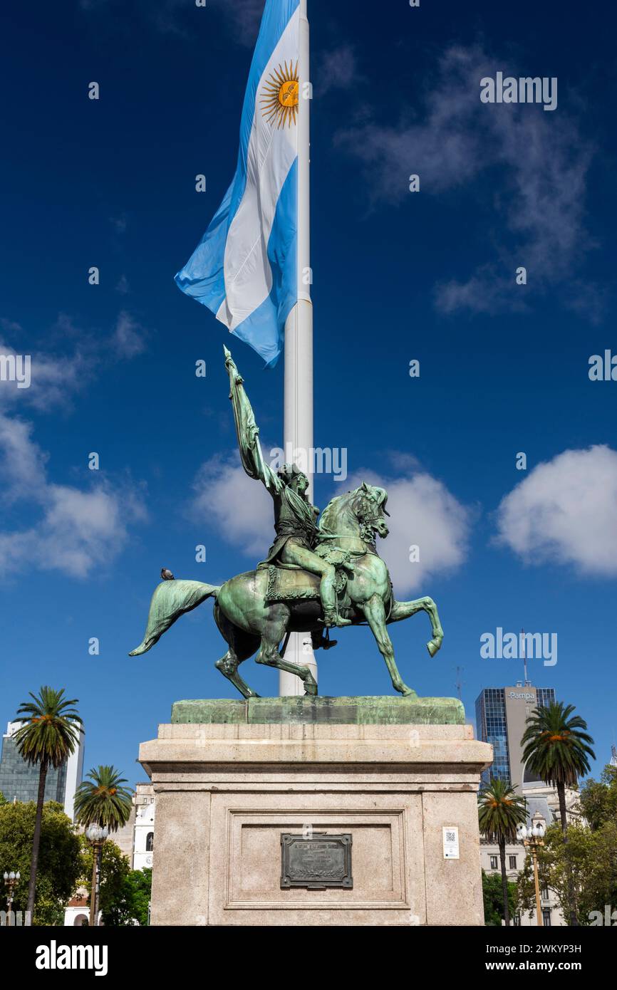 Beautiful view to horse rider historic monument in Plaza de Mayo, Buenos Aires, Argentina Stock Photo