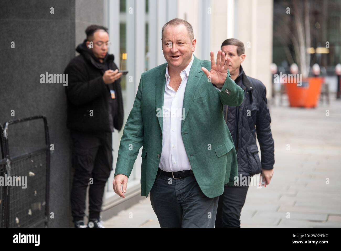 London, UK. 23 Feb 2024. Mike Ashley - Frasers Group Board Member (and former CEO) arrives at Rolls Building where his company Frasers Group is taking legal action against investment bank Morgan Stanley over the bank's attempts to force Frasers Group to abandon bets on the share price of Hugo Boss in 2021. . Credit: Justin Ng/Alamy Live News. Stock Photo