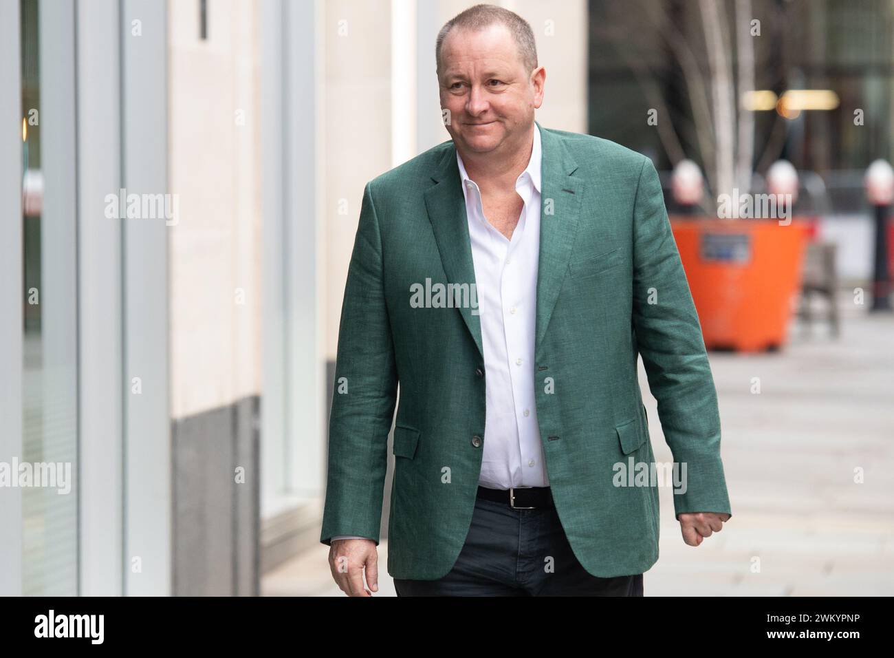 London, UK. 23 Feb 2024. Mike Ashley - Frasers Group Board Member (and former CEO) arrives at Rolls Building where his company Frasers Group is taking legal action against investment bank Morgan Stanley over the bank's attempts to force Frasers Group to abandon bets on the share price of Hugo Boss in 2021. . Credit: Justin Ng/Alamy Live News. Stock Photo
