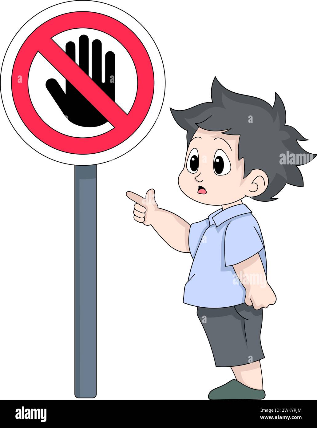 illustration of a kid boy studying stop signs, cartoon flat illustration Stock Vector