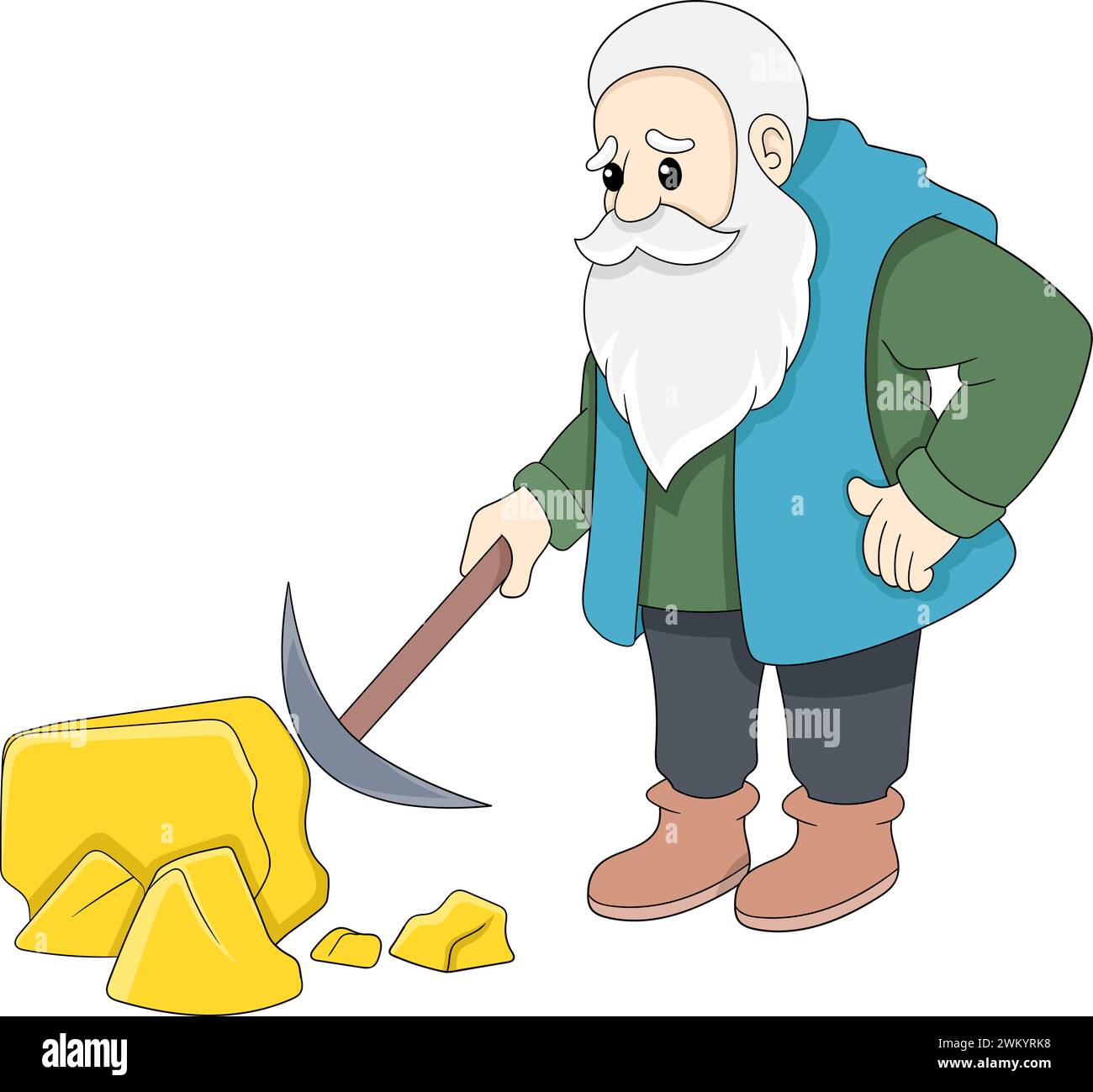 old man gold stone miner, how to get rich, warning signs, cartoon flat illustration Stock Vector