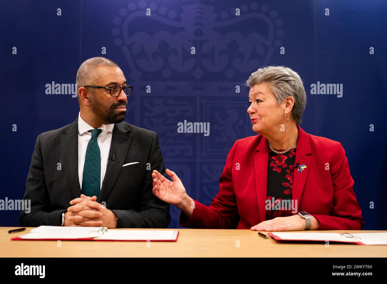Home Secretary James Cleverly and European Commissioner for Home Affairs Ylva Johansson at the Home Office, in central London, for the document signing of an announcement of a new working arrangement between UK border agencies and the EU's border agency Frontex. The agreement will focus on sharing expertise and information on common priorities. Picture date: Friday February 23, 2024. Stock Photo