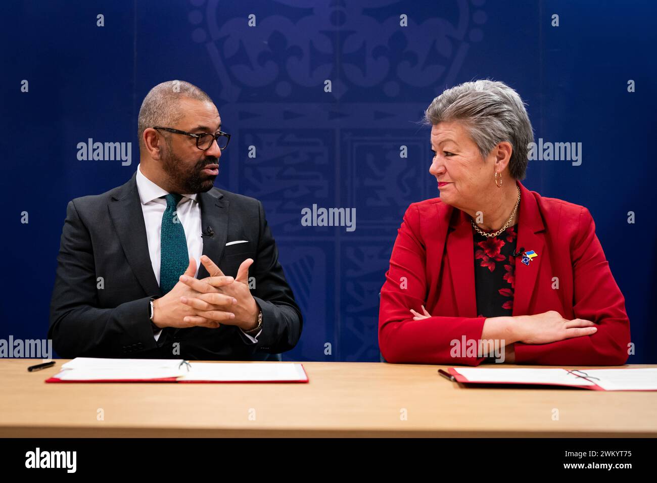 Home Secretary James Cleverly and European Commissioner for Home Affairs Ylva Johansson at the Home Office, in central London, for the document signing of an announcement of a new working arrangement between UK border agencies and the EU's border agency Frontex. The agreement will focus on sharing expertise and information on common priorities. Picture date: Friday February 23, 2024. Stock Photo