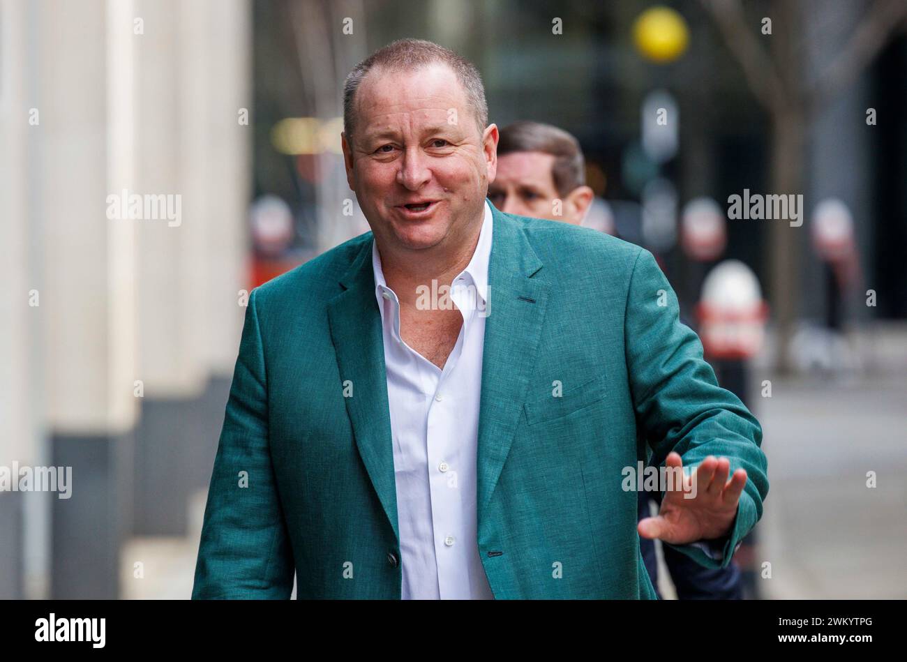 London, UK 23 Feb 2024 Mike Ashley arrives at the High Court. Mike Ashley's company, Fraser Group, is taking Morgan Stanley to court. Mike Ashley's Frasers Group has accused Morgan Stanley of “snobbery” over its decision to impose a $1bn margin call, claiming the bank's move was driven partly by the entrepreneur's humble beginnings. Mike Ashley said Morgan Stanley sought to force the UK retailer out of a position it held in German brand Hugo Boss and said the demand for collateral was completely unbelievable. The dispute relates to long positions Frasers started to accumulate in Hugo Boss fr Stock Photo