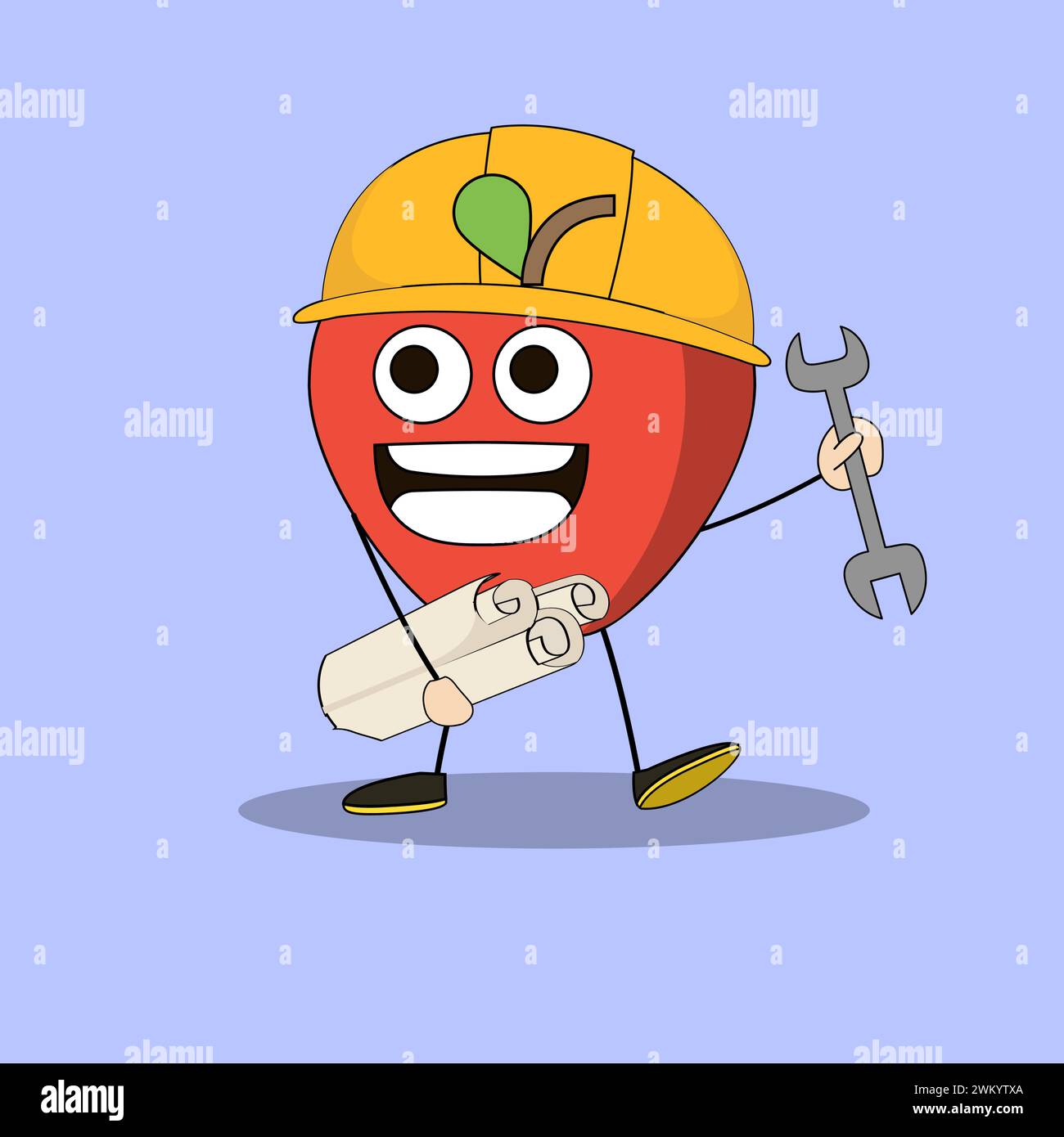 Art illustration Doodle Kawaii Fruits Symbol Character Apple Mascot Activity of Construction Work Stock Vector