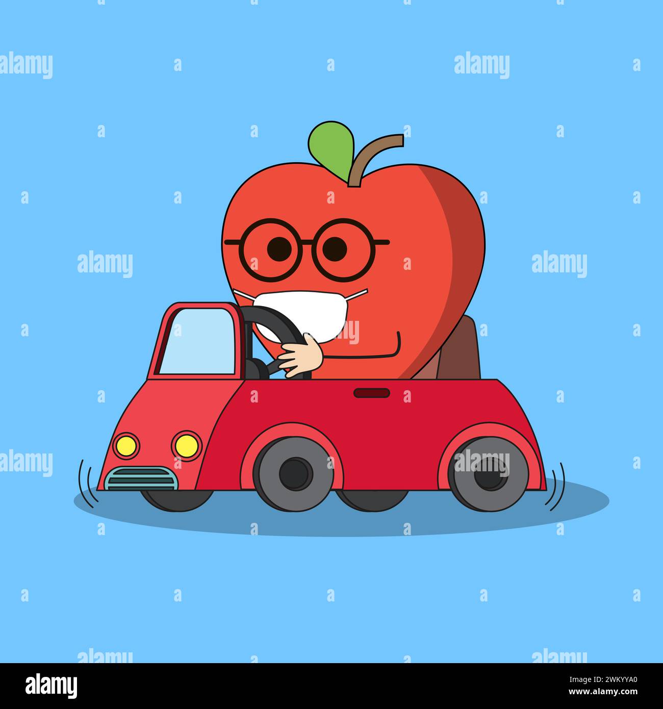 Art illustration Doodle Kawaii Fruits Symbol Character Apple Mascot Activity of Drive Car Stock Vector