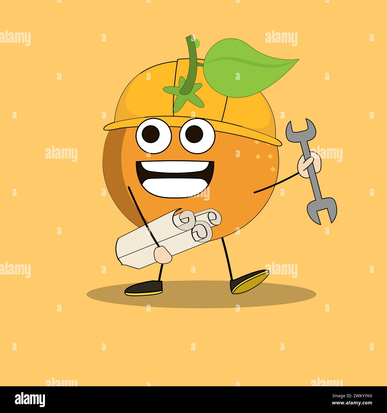 Art illustration Doodle Kawaii Fruits Symbol Character Orange Mascot Activity of Construction Work Stock Vector