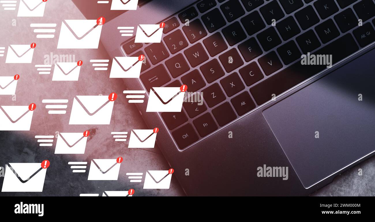 Laptop top view with interface warning spam virus. Protect against internet dangers. Junk and trash mail. Compromised information. Stock Photo