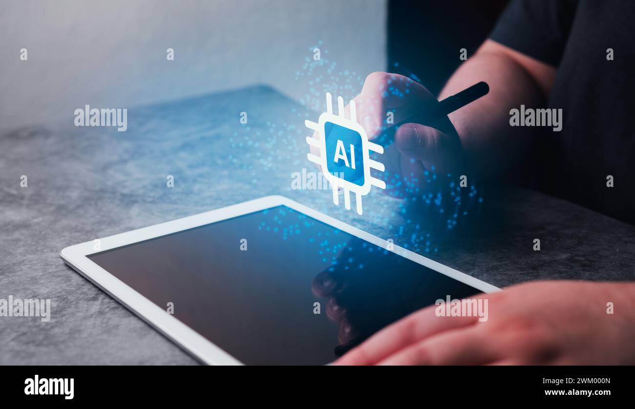 Woman use digital tablet with hologram interface of Artificial Intelligence concept. AI Chip icon. Big data management. Futuristic technology. Stock Photo