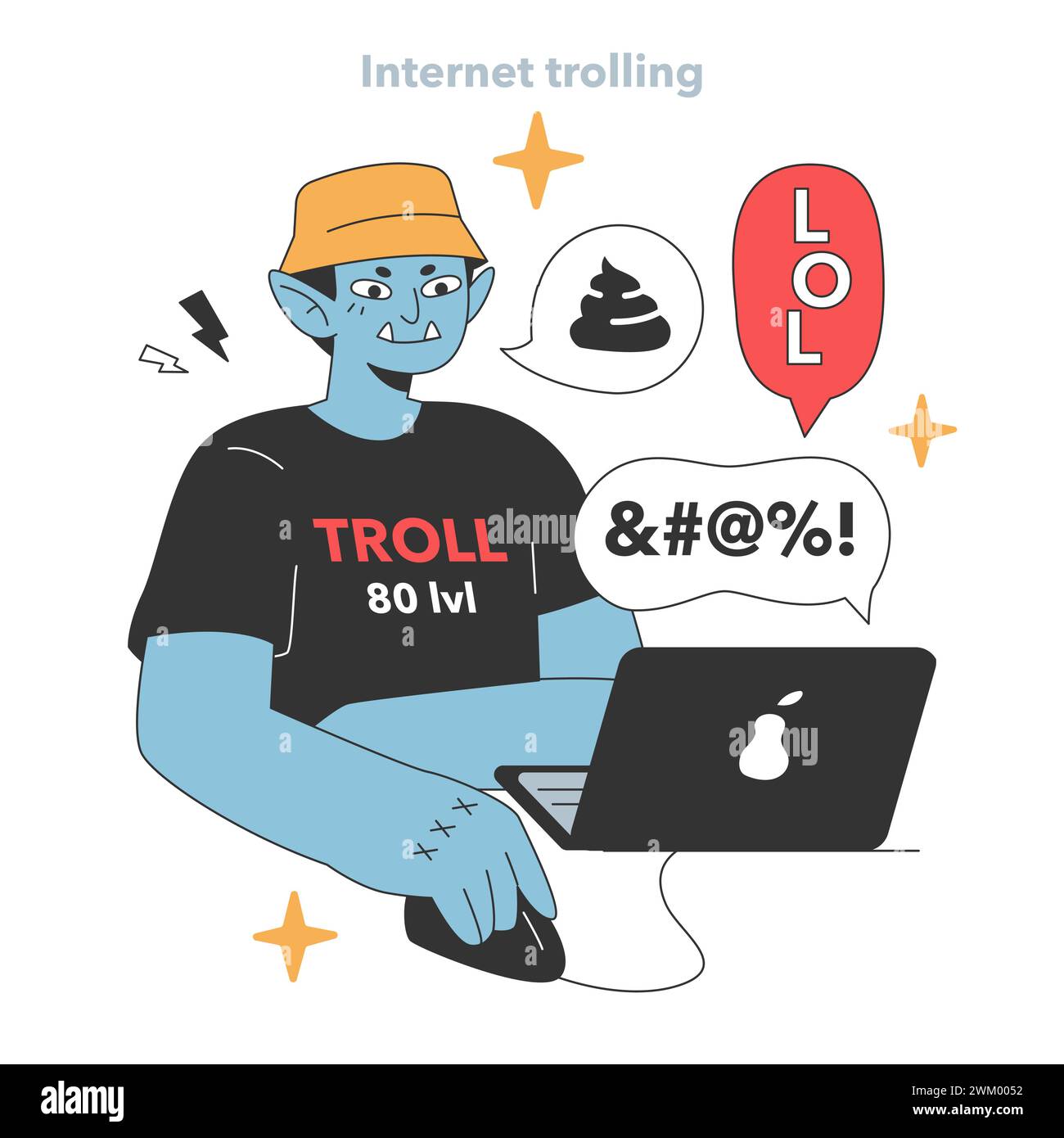 Mischievous online troll revels in chaos, gleefully typing away on his laptop. The playful smirk and show he's no novice at this game. Flat vector illustration Stock Vector