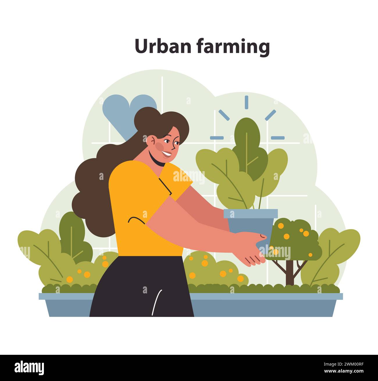 Urban farming concept. Joyful woman tending to her city garden, nurturing plants in a modern greenhouse. Sustainable living, urban agriculture. Flat vector illustration Stock Vector